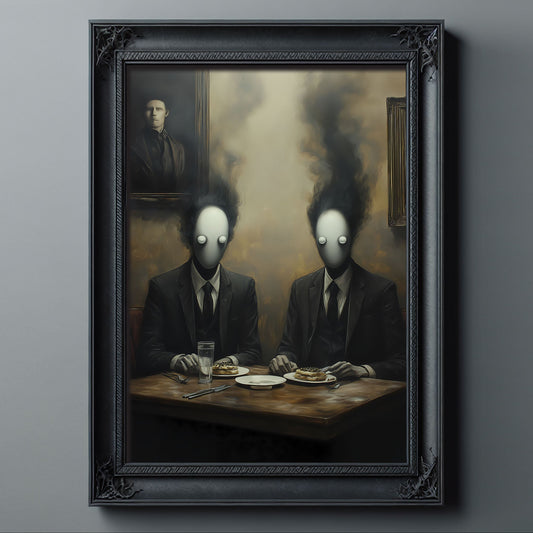 A surreal digital painting showing two faceless men in suits with smoky heads dining at a table with pastries, beneath a haunting portrait on the wall.