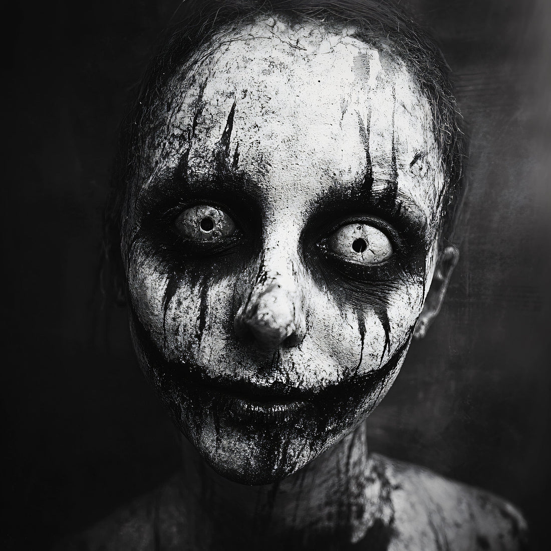 Black and white horror art featuring a disturbing portrait with dark hollow eyes and weathered skin