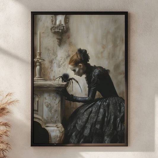 A gothic woman in an ornate black Victorian dress interacts with a surreal black spider atop a baroque fireplace in a dimly lit, textured room.