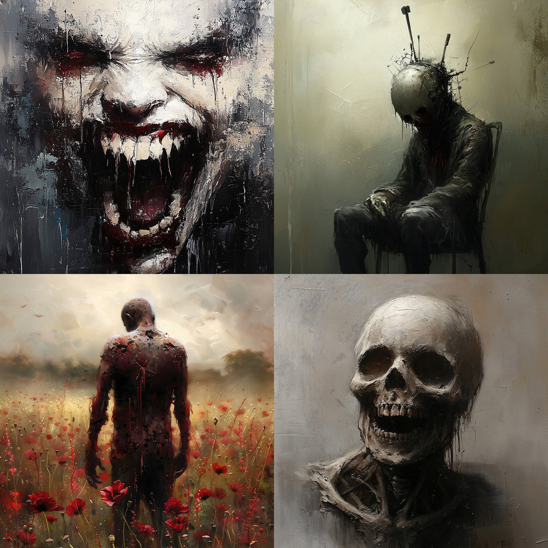 A collection of scary and creepy horror paintings: a demonic scream, a figure undergoing bizarre torture, a macabre skull, and a gothic scene of a figure in a desolate field.