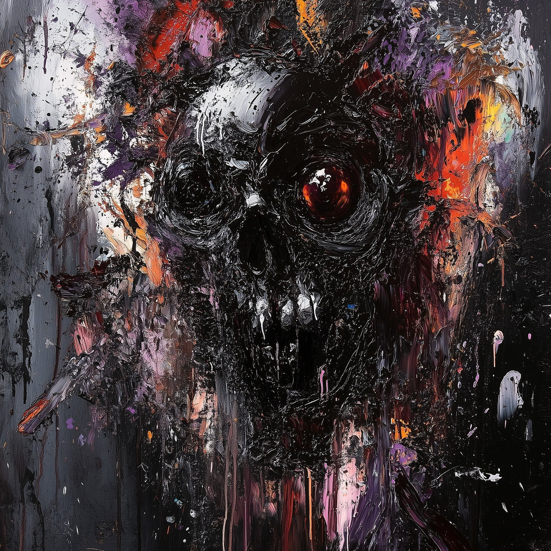 An intense, textural explosion of color and form, this artwork depicts a ghostly black skull emerging from swirling strokes of impasto paint, evoking themes of mortality, inner turmoil, and apocalyptic beauty.