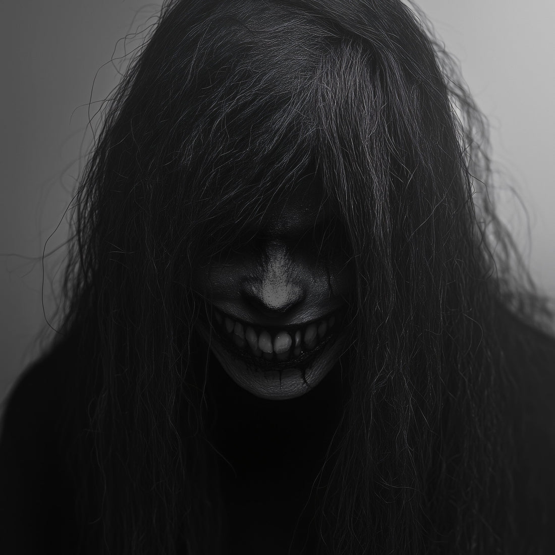 A chilling piece of black and white horror art showing a monstrous figure. Long, dark hair covers its face, revealing only a wide, menacing smile with sharp, unsettling teeth.