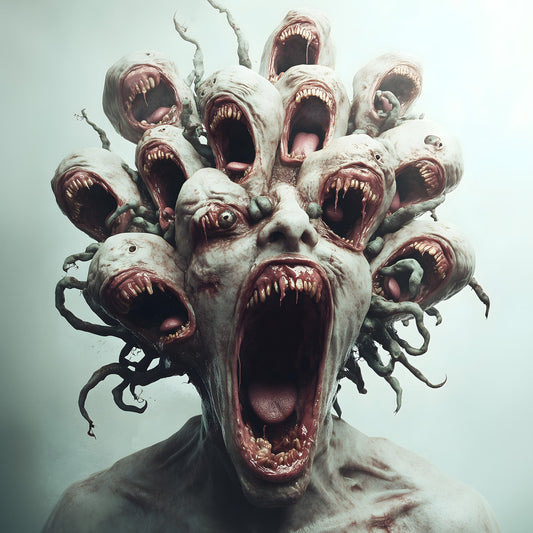 A digital horror artwork depicting a humanoid creature with multiple screaming mouths erupting from its head, surrounded by twisted root-like tendrils in a foggy void.