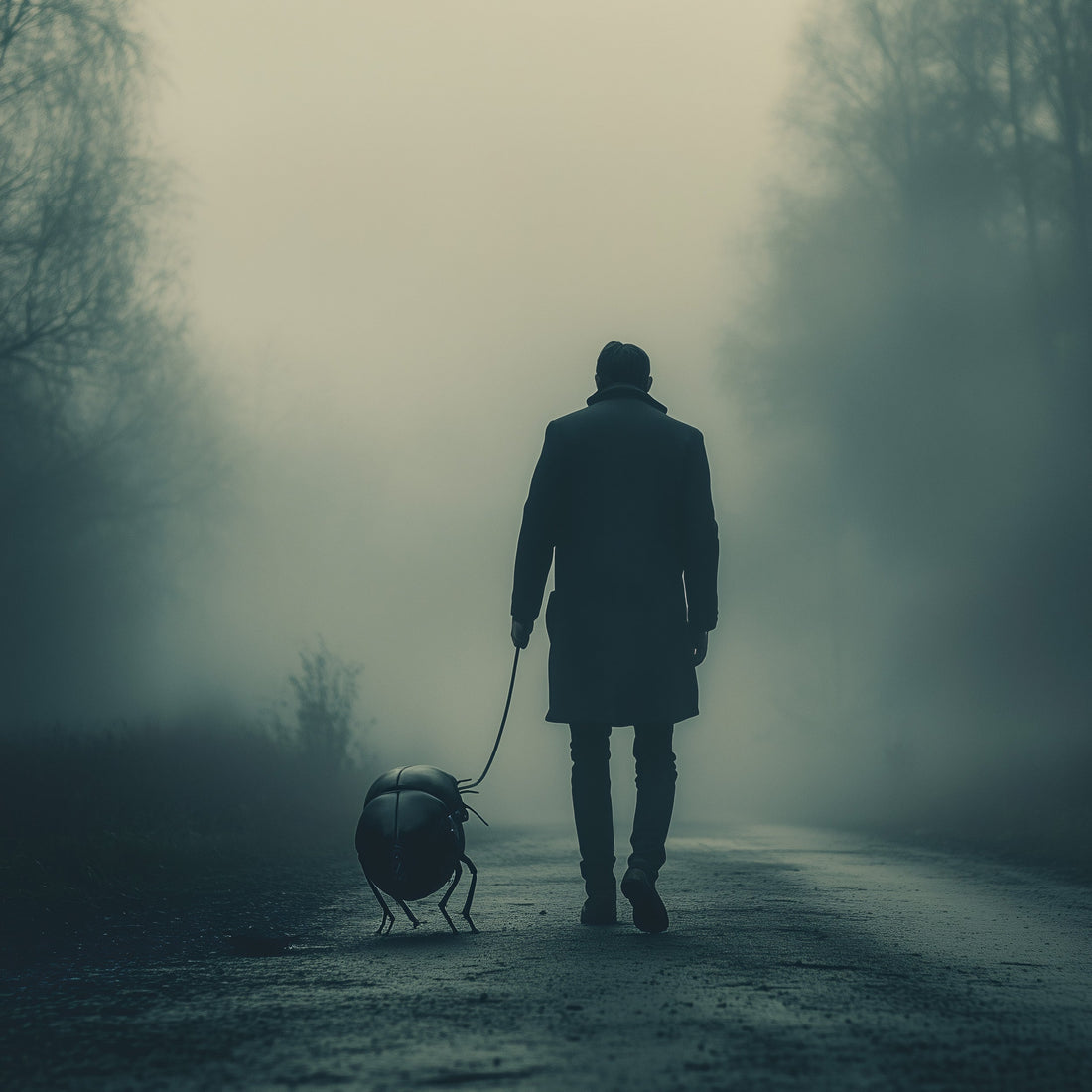 Man walks giant insect-like creature in dense fog, prompting reflections on isolation, AI, and the nature of companionship in the digital age.