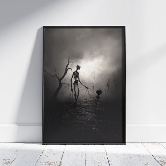 Spooky Walking the Kid Poster - Skeletal Dark Wall Art - Skull Print - Gothic Wall Decor