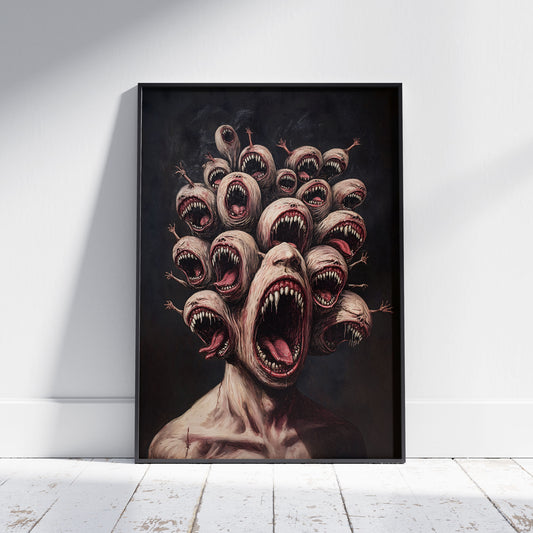 Moody Multi-Headed Monster Print - Creepy Dark Art Poster - Surreal Gory Wall Art