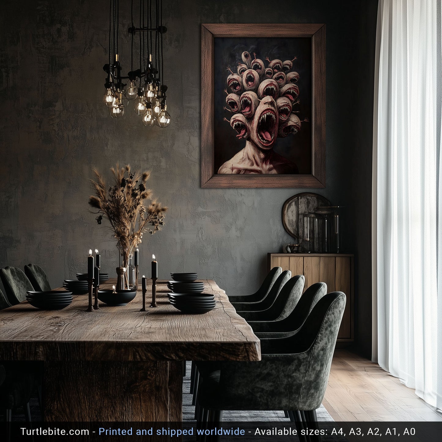 Moody Multi-Headed Monster Print - Creepy Dark Art Poster - Surreal Gory Wall Art