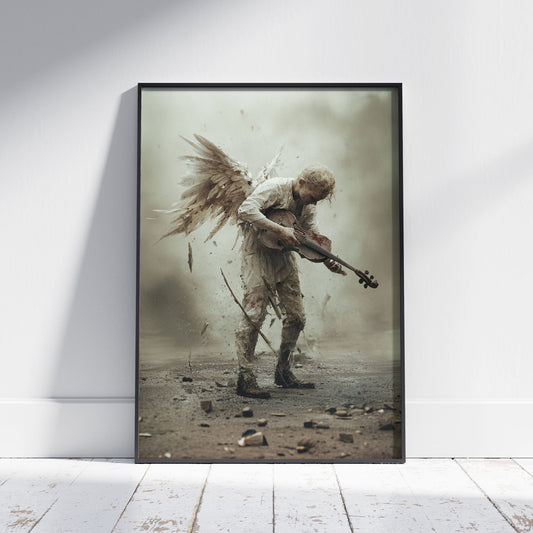 A mud-covered angel with torn white wings holds a violin awkwardly in a smoky, debris-filled environment. The figure appears confused and emotionally burdened, symbolizing a heavy metal guitarist adjusting to the afterlife.