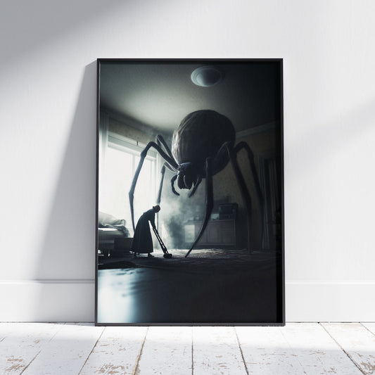 Huge Spider being disturbed by Vacuum Cleaner, Dark Art Poster Print, Gothic Wall Art