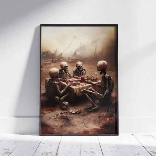 Macabre Cozy Apocalypse Picnic Poster, Weird Art Print, Dark Humor Poster, Skeletal Wall Art for Living Room