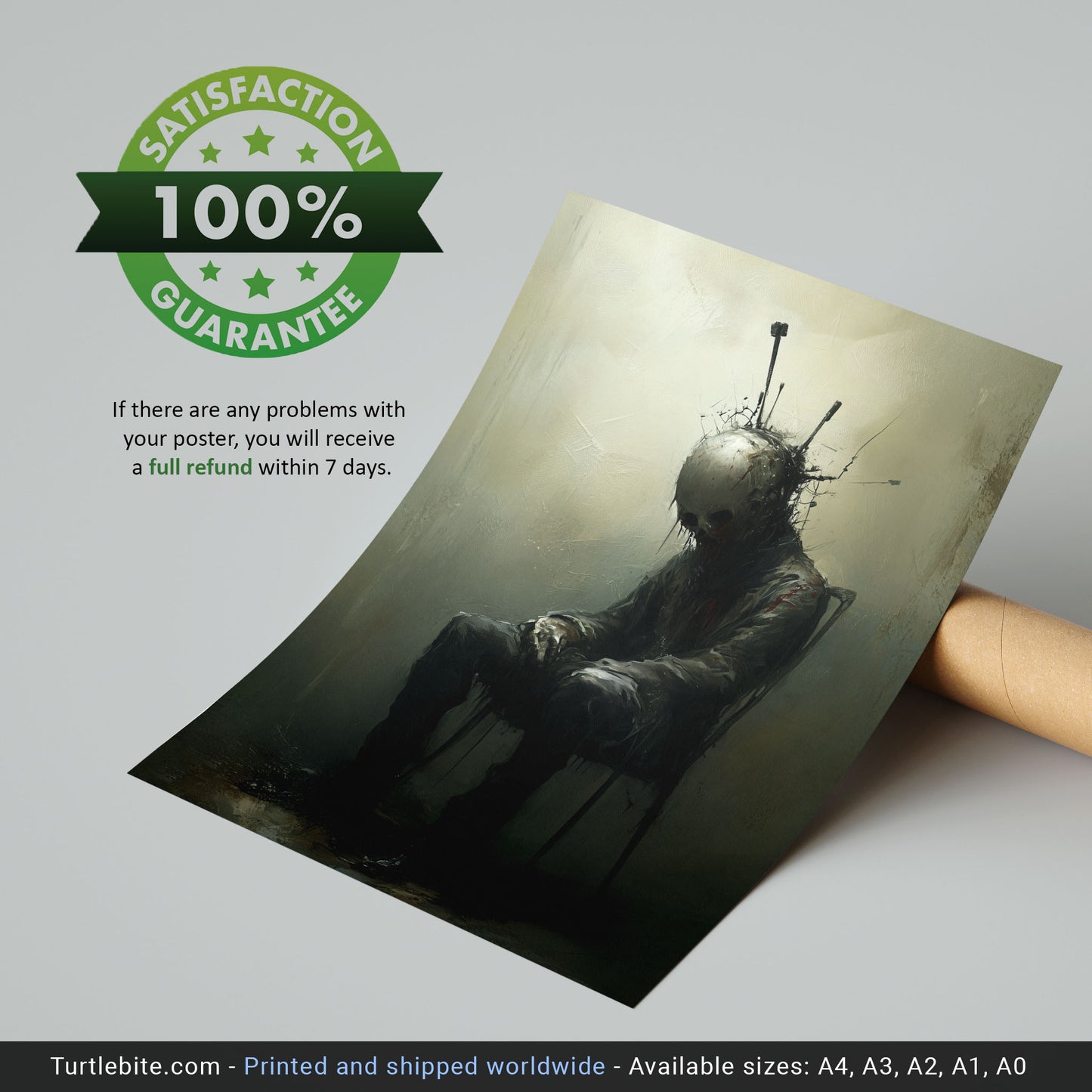 Acupunctured Sitting Man Painting Poster, Dark Moody Wall Art, Creepy Absurd Print