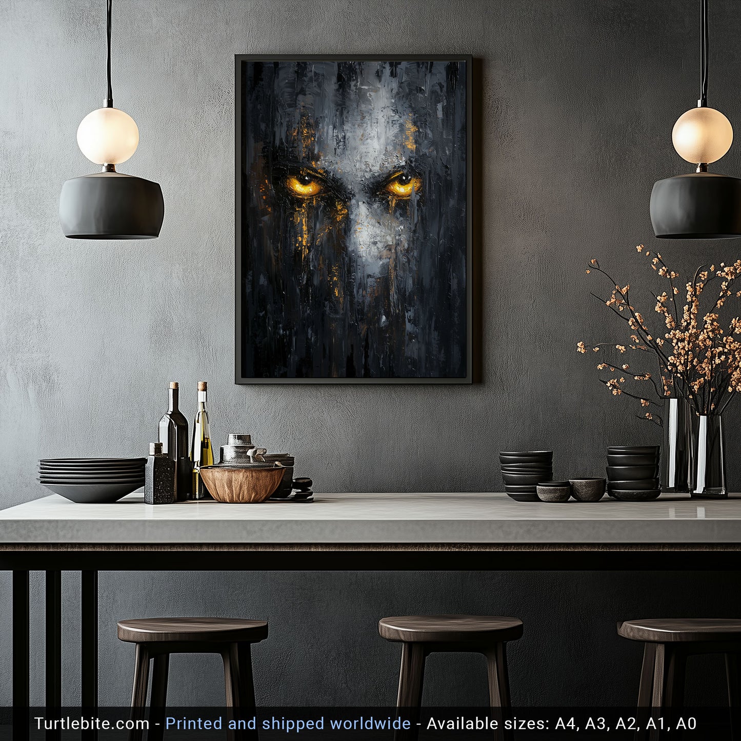 Dark Face Painting, Gothic Glowing Eyes Print, Horror Wall Decor, Dark Moody Artwork