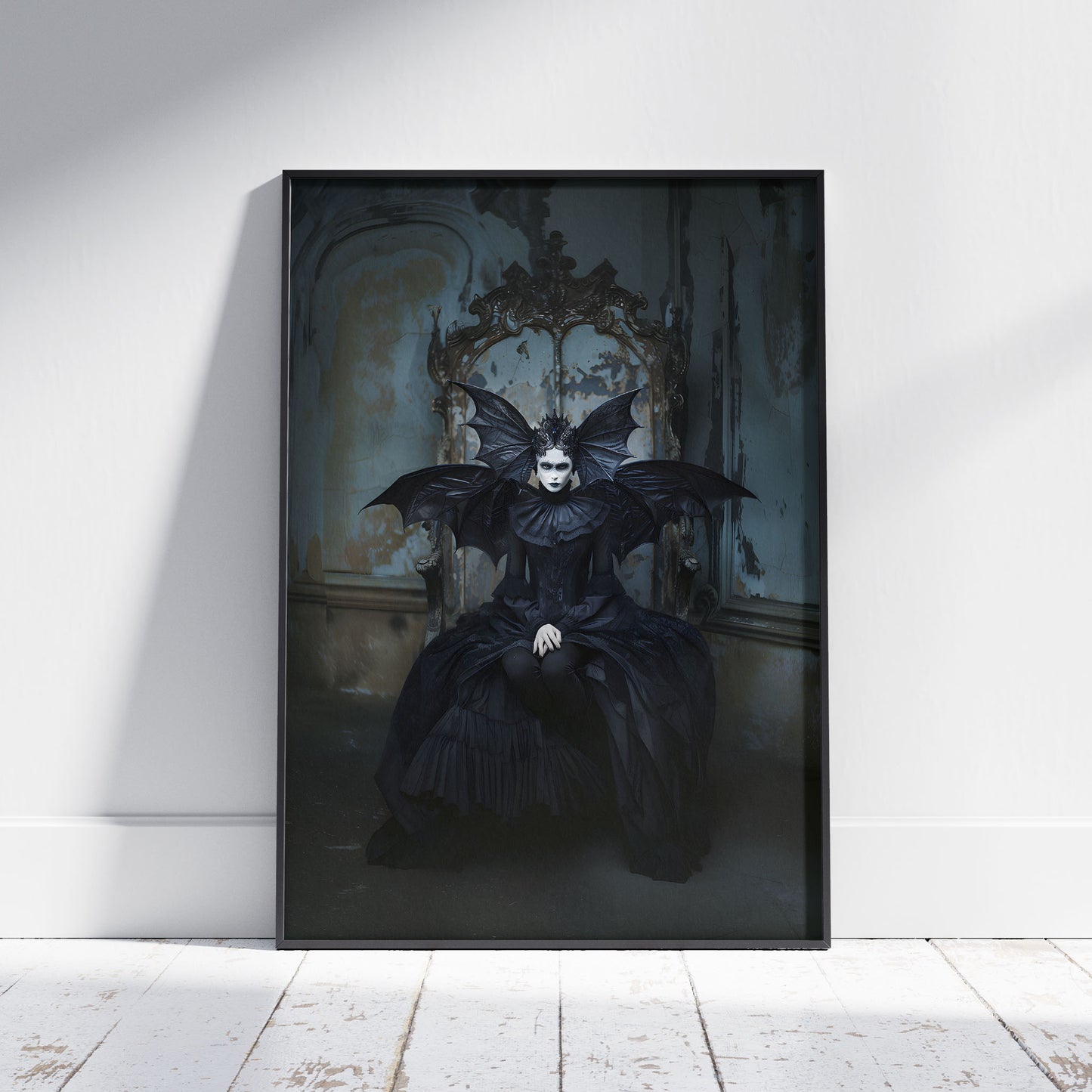 Gothic woman in dark fantasy costume with bat wings sitting on a throne in a decayed, vintage room