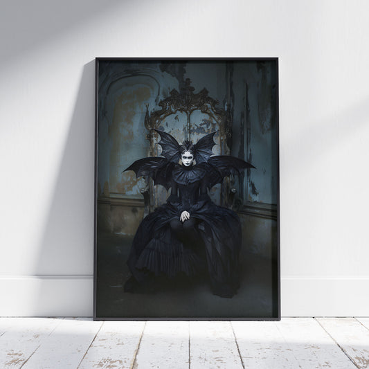 Gothic woman in dark fantasy costume with bat wings sitting on a throne in a decayed, vintage room