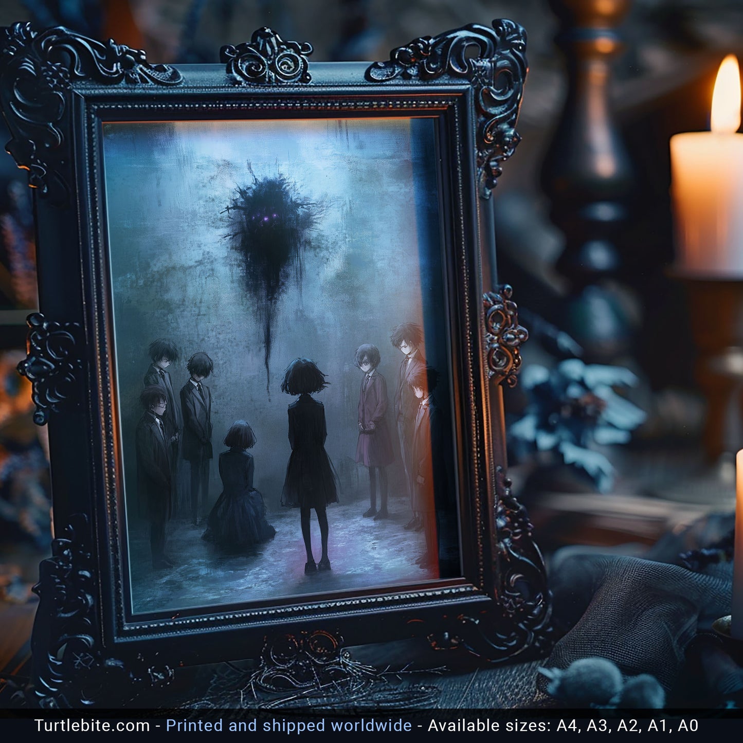 High-resolution digital illustration featuring a captivating blend of dark academia and manga style, with intricate details, expressive characters, and dramatic lighting.
