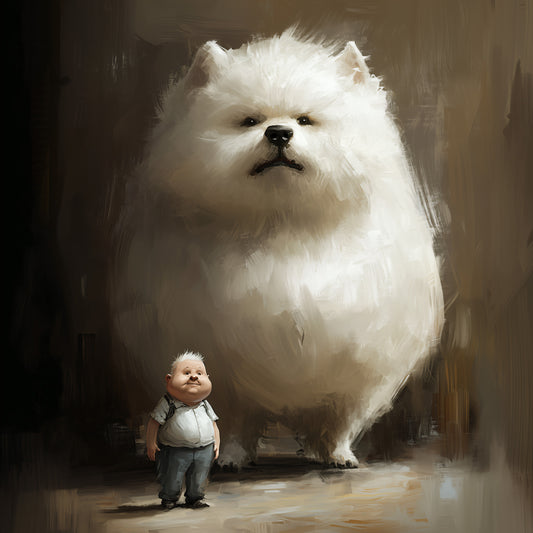 A small boy stands proudly next to an enormous fluffy white dog in a softly painted digital illustration, radiating warmth and whimsy.