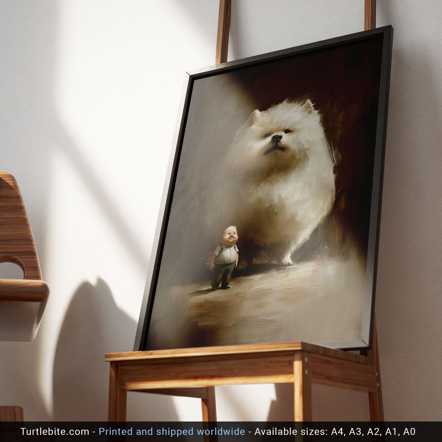 Surreal Little Boy with his Dog Painting, Dark Humor Wall Art, Comic Surrealism, Satirical Art