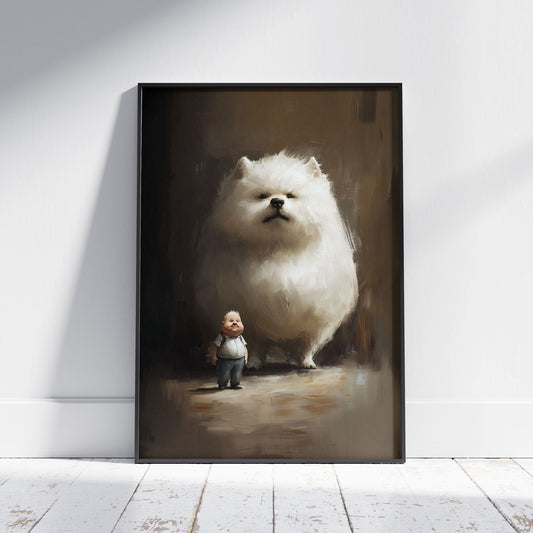 A small boy stands proudly next to an enormous fluffy white dog in a softly painted digital illustration, radiating warmth and whimsy.