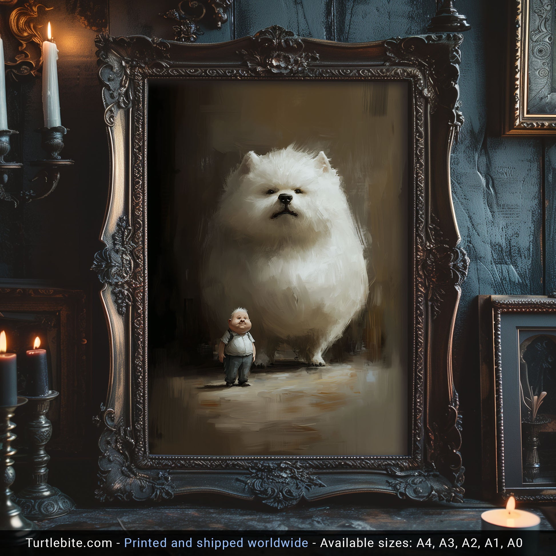 A small boy stands proudly next to an enormous fluffy white dog in a softly painted digital illustration, radiating warmth and whimsy.