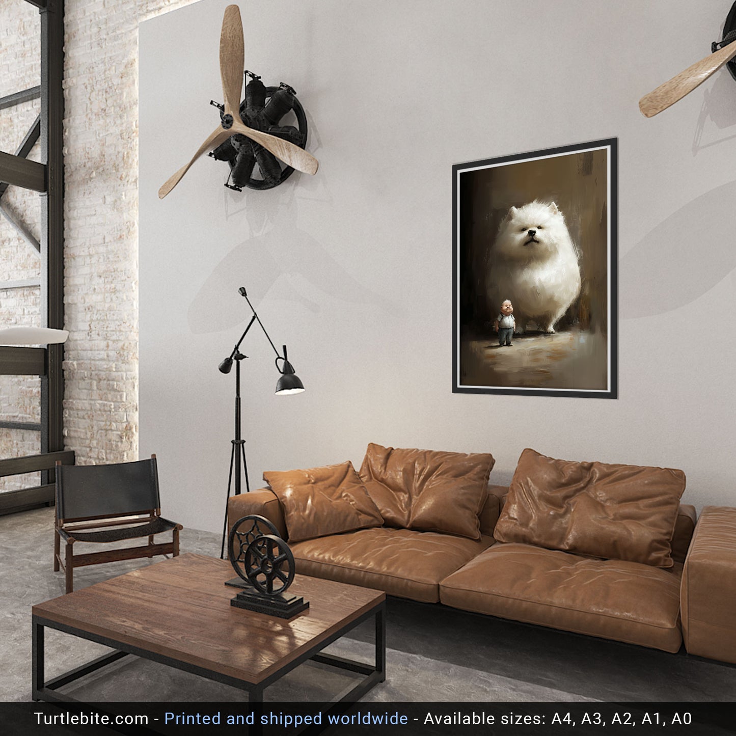 Surreal Little Boy with his Dog Painting, Dark Humor Wall Art, Comic Surrealism, Satirical Art