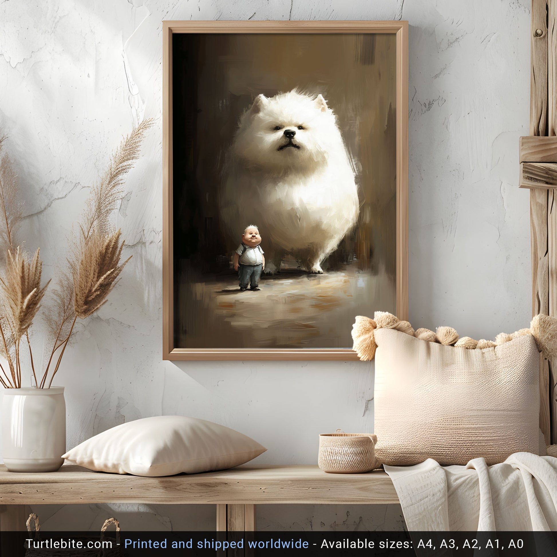 A small boy stands proudly next to an enormous fluffy white dog in a softly painted digital illustration, radiating warmth and whimsy.