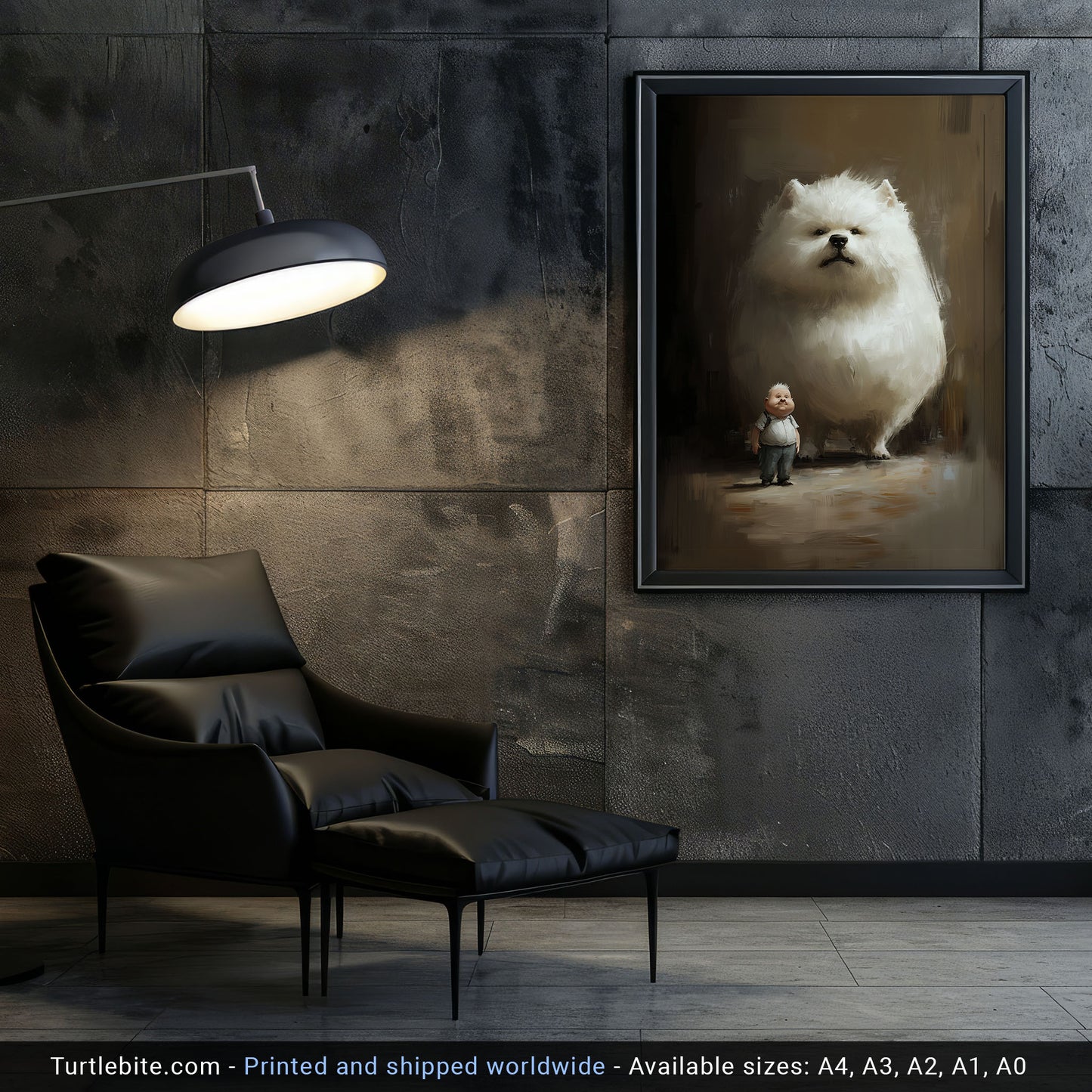 Surreal Little Boy with his Dog Painting, Dark Humor Wall Art, Comic Surrealism, Satirical Art