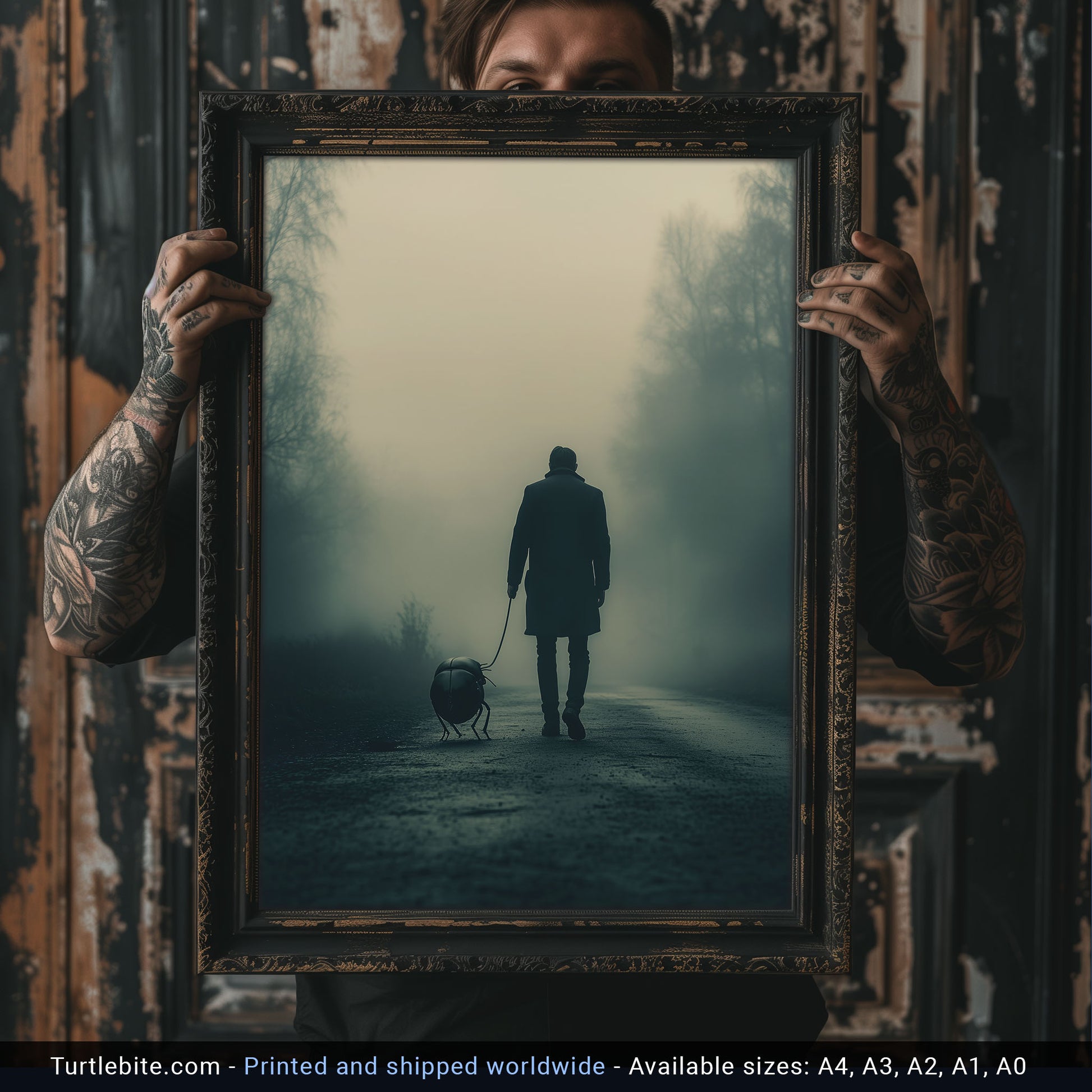 Man walks giant insect-like creature in dense fog, prompting reflections on isolation, AI, and the nature of companionship in the digital age.
