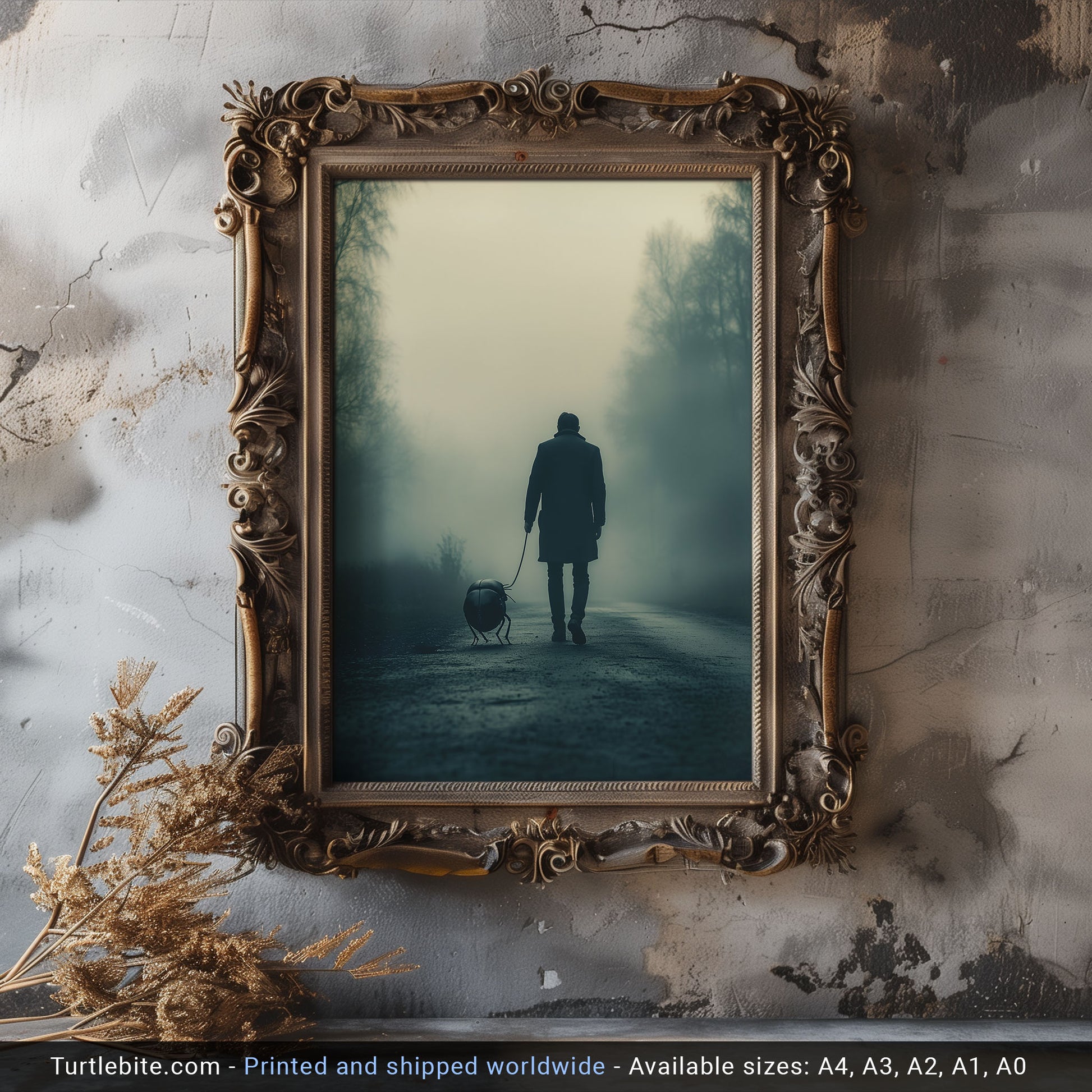 Man walks giant insect-like creature in dense fog, prompting reflections on isolation, AI, and the nature of companionship in the digital age.