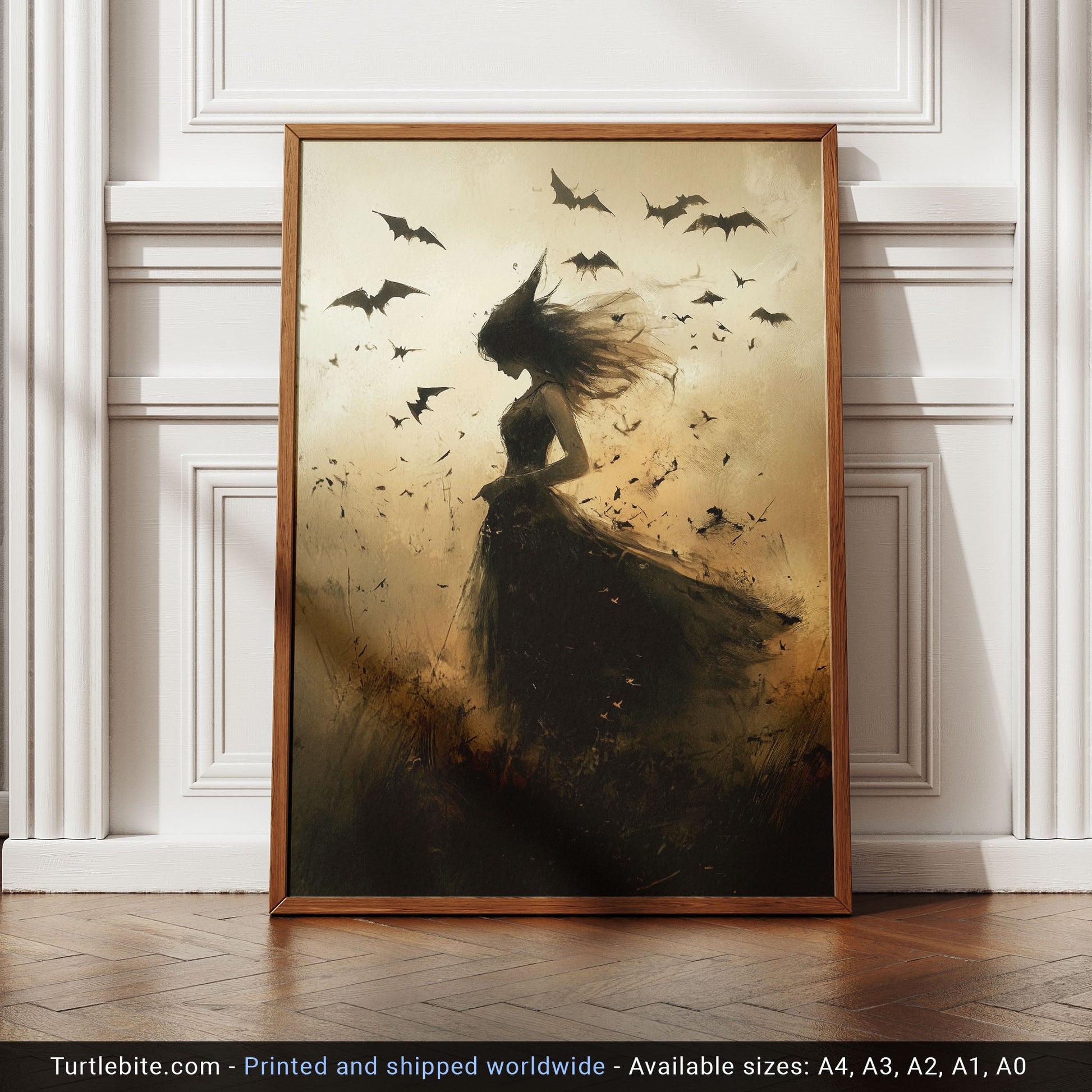 A silhouette of a mysterious young witch with windswept hair in a dark dress, surrounded by bats in a dreamy, moody Halloween landscape.