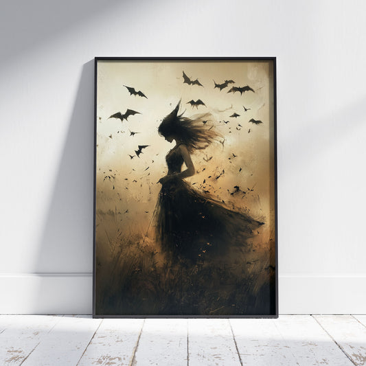 A silhouette of a mysterious young witch with windswept hair in a dark dress, surrounded by bats in a dreamy, moody Halloween landscape.