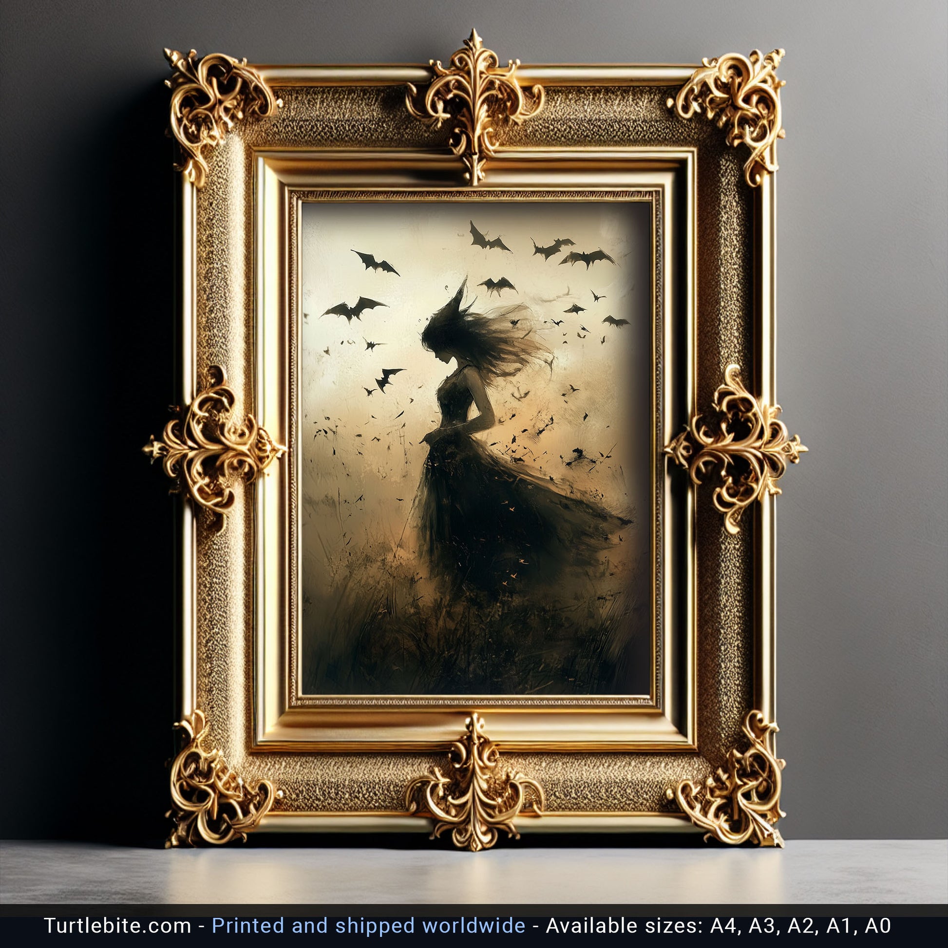A silhouette of a mysterious young witch with windswept hair in a dark dress, surrounded by bats in a dreamy, moody Halloween landscape.