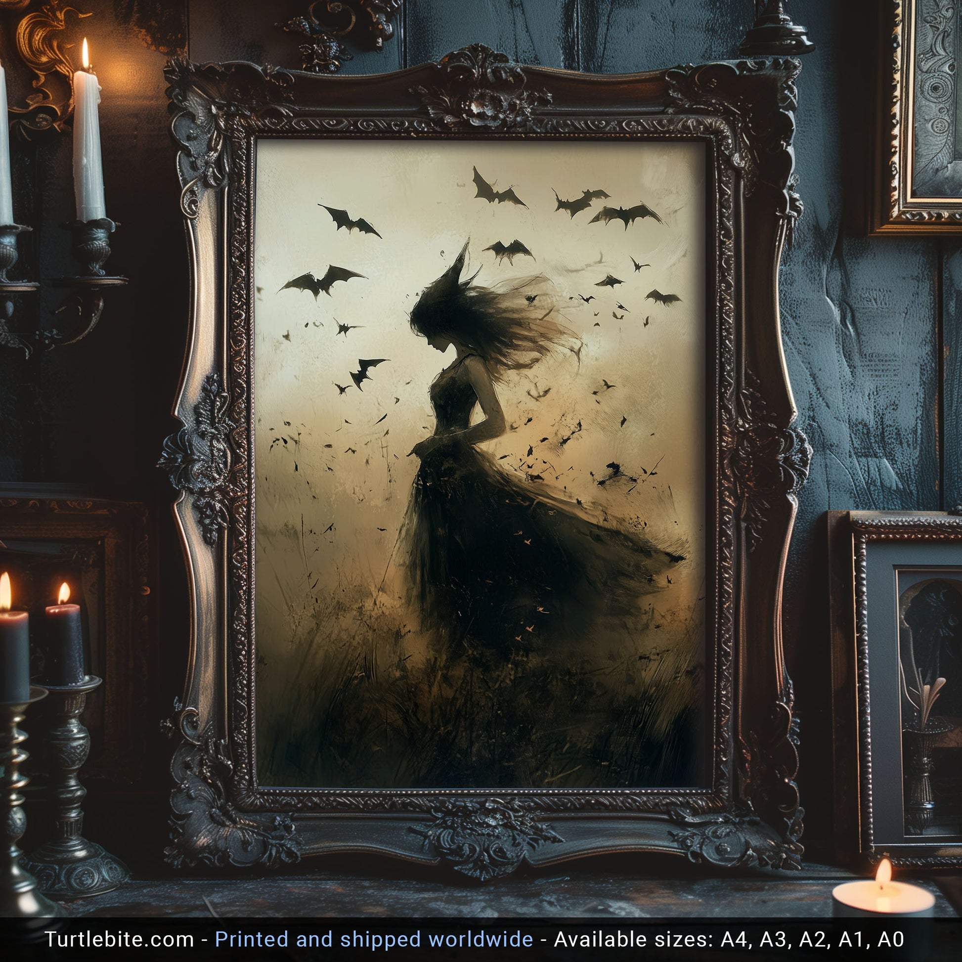 A silhouette of a mysterious young witch with windswept hair in a dark dress, surrounded by bats in a dreamy, moody Halloween landscape.