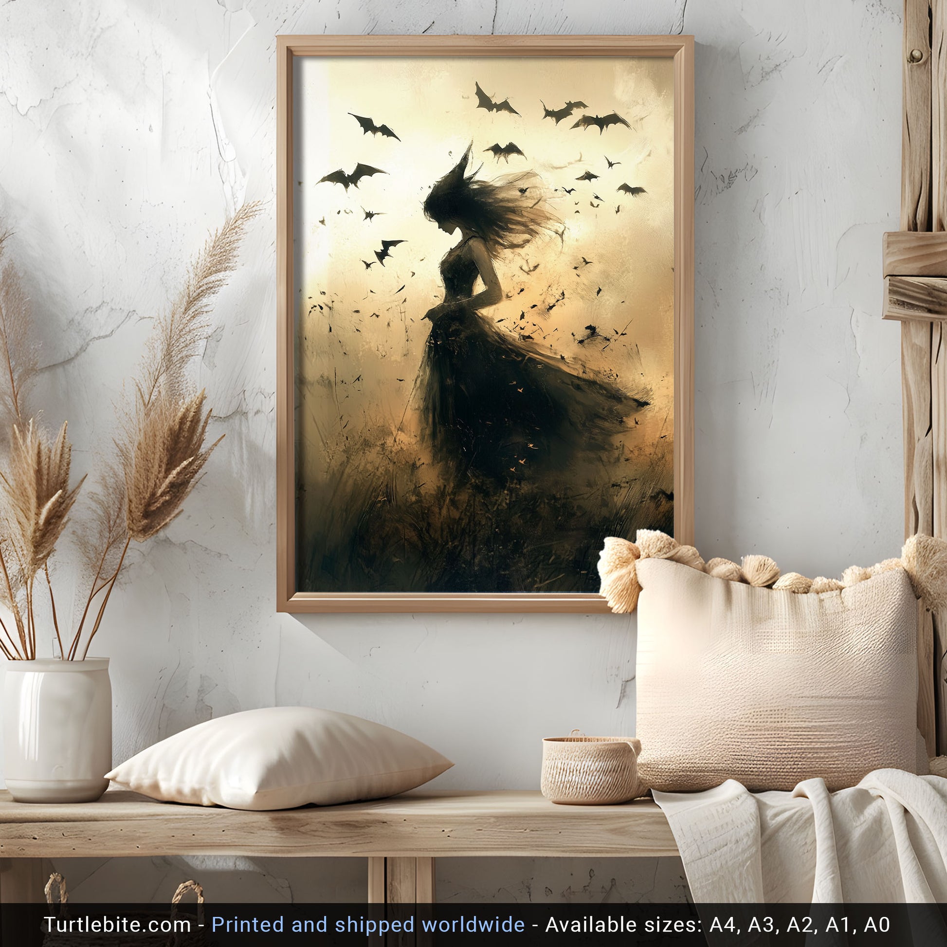 A silhouette of a mysterious young witch with windswept hair in a dark dress, surrounded by bats in a dreamy, moody Halloween landscape.