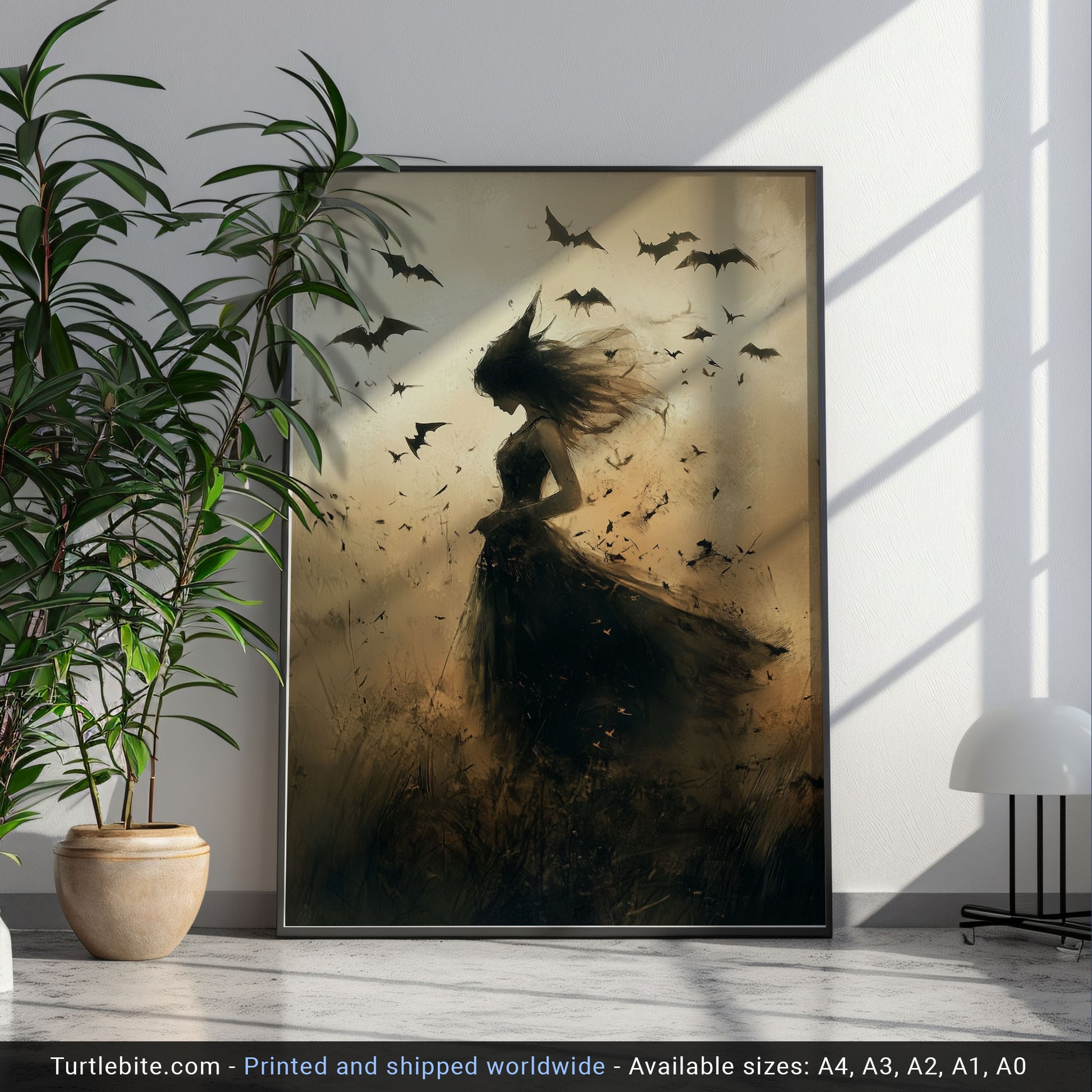 A silhouette of a mysterious young witch with windswept hair in a dark dress, surrounded by bats in a dreamy, moody Halloween landscape.