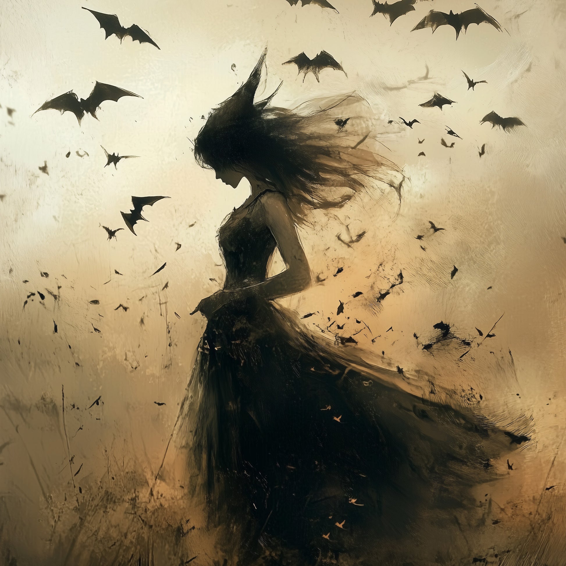 A silhouette of a mysterious young witch with windswept hair in a dark dress, surrounded by bats in a dreamy, moody Halloween landscape.