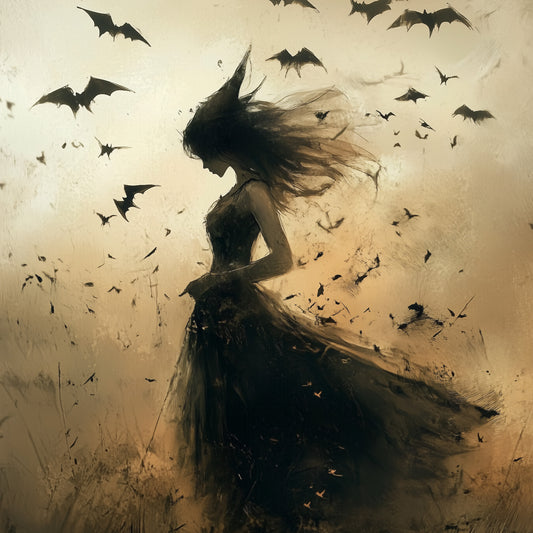 A silhouette of a mysterious young witch with windswept hair in a dark dress, surrounded by bats in a dreamy, moody Halloween landscape.