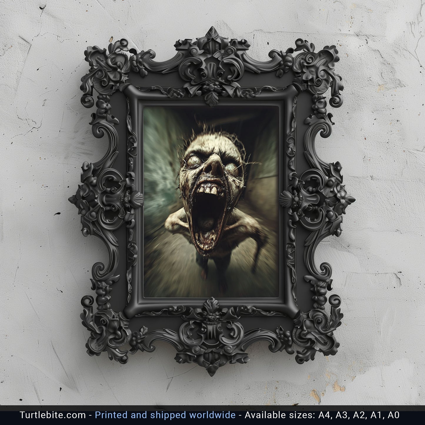 Terrifying Zombie Screaming in Haunted Corridor, Horror Art Print for Halloween Decor, Scary Wall Art
