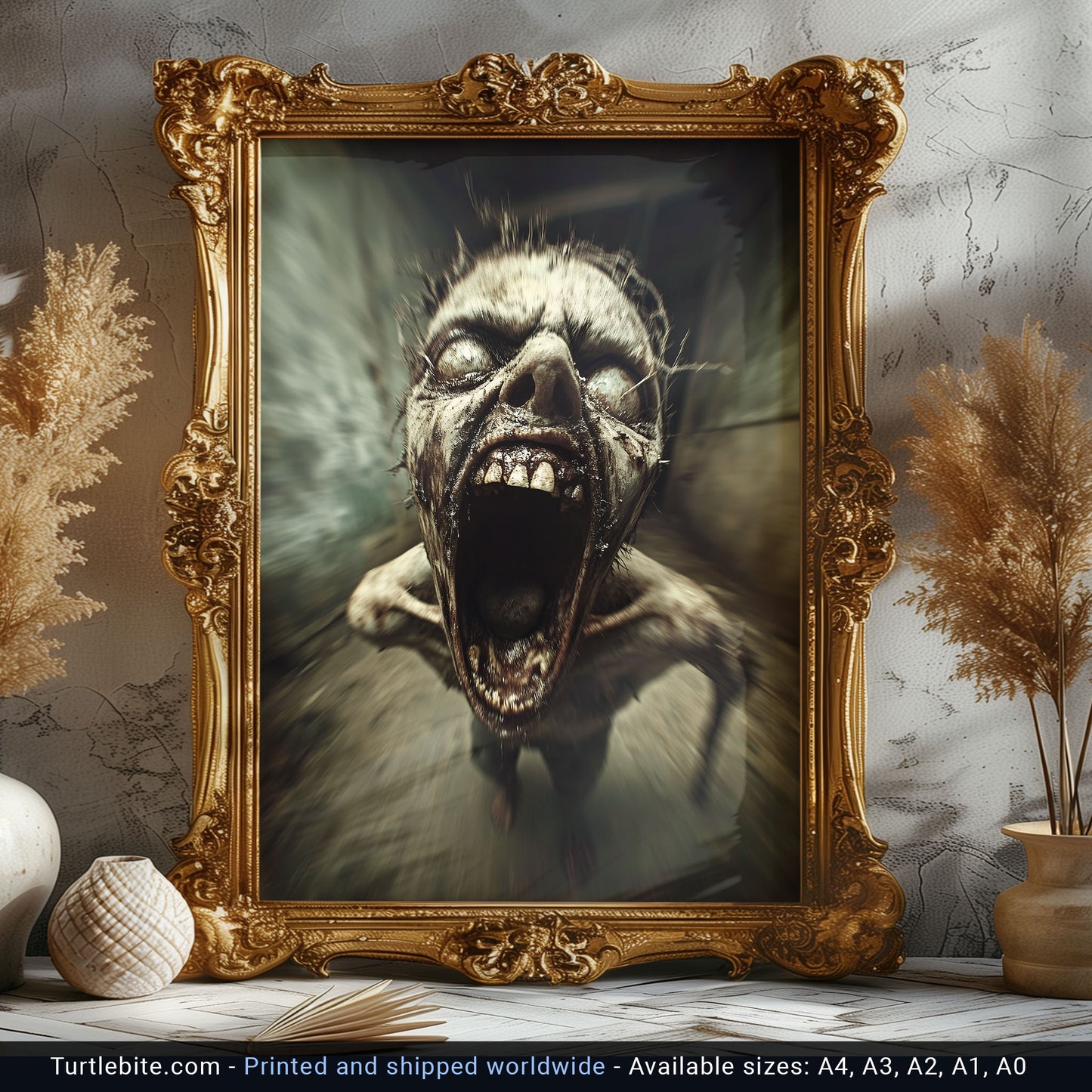 Terrifying Zombie Screaming in Haunted Corridor, Horror Art Print for Halloween Decor, Scary Wall Art