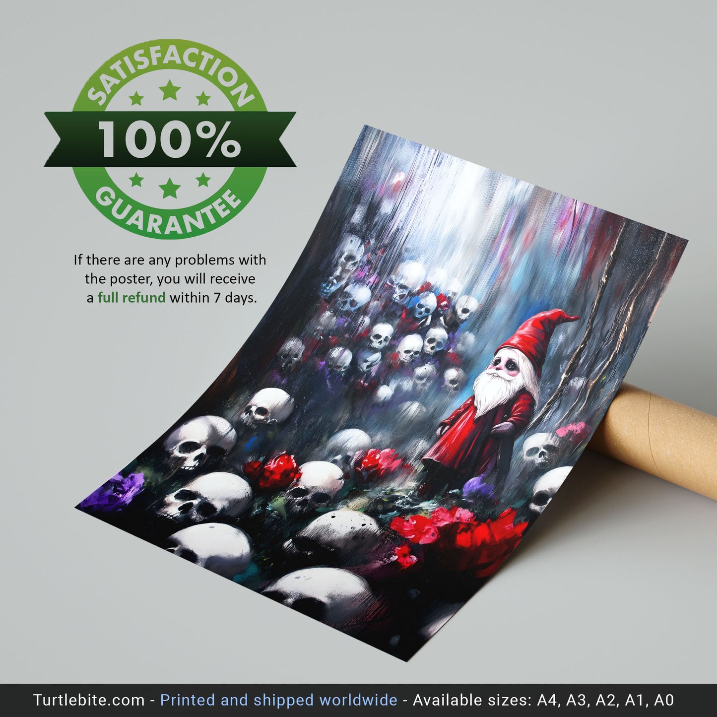 Melancholy Red Gnome in Skull Forest - Dark Fantasy Gothic Art Print