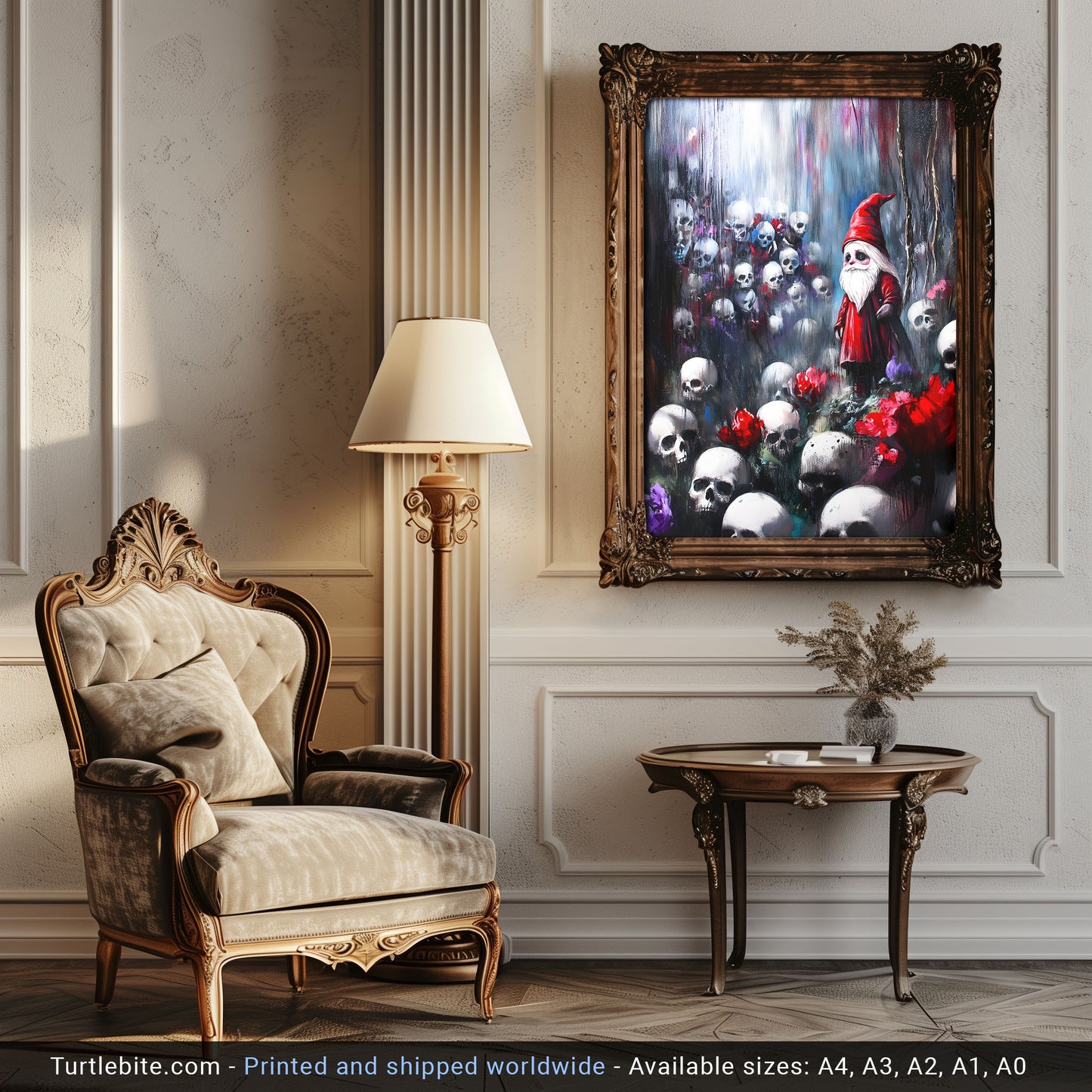 Melancholy Red Gnome in Skull Forest - Dark Fantasy Gothic Art Print