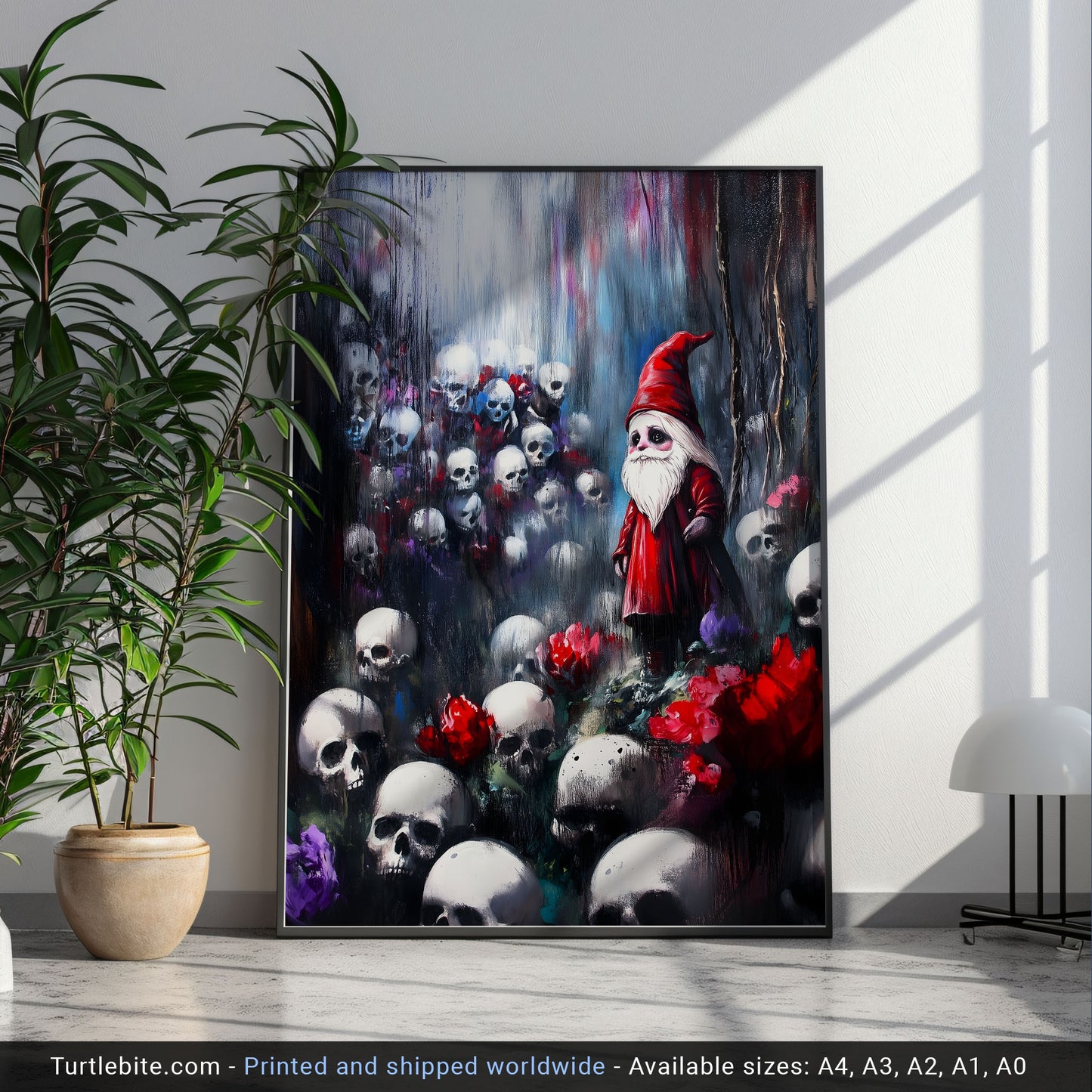 Melancholy Red Gnome in Skull Forest - Dark Fantasy Gothic Art Print