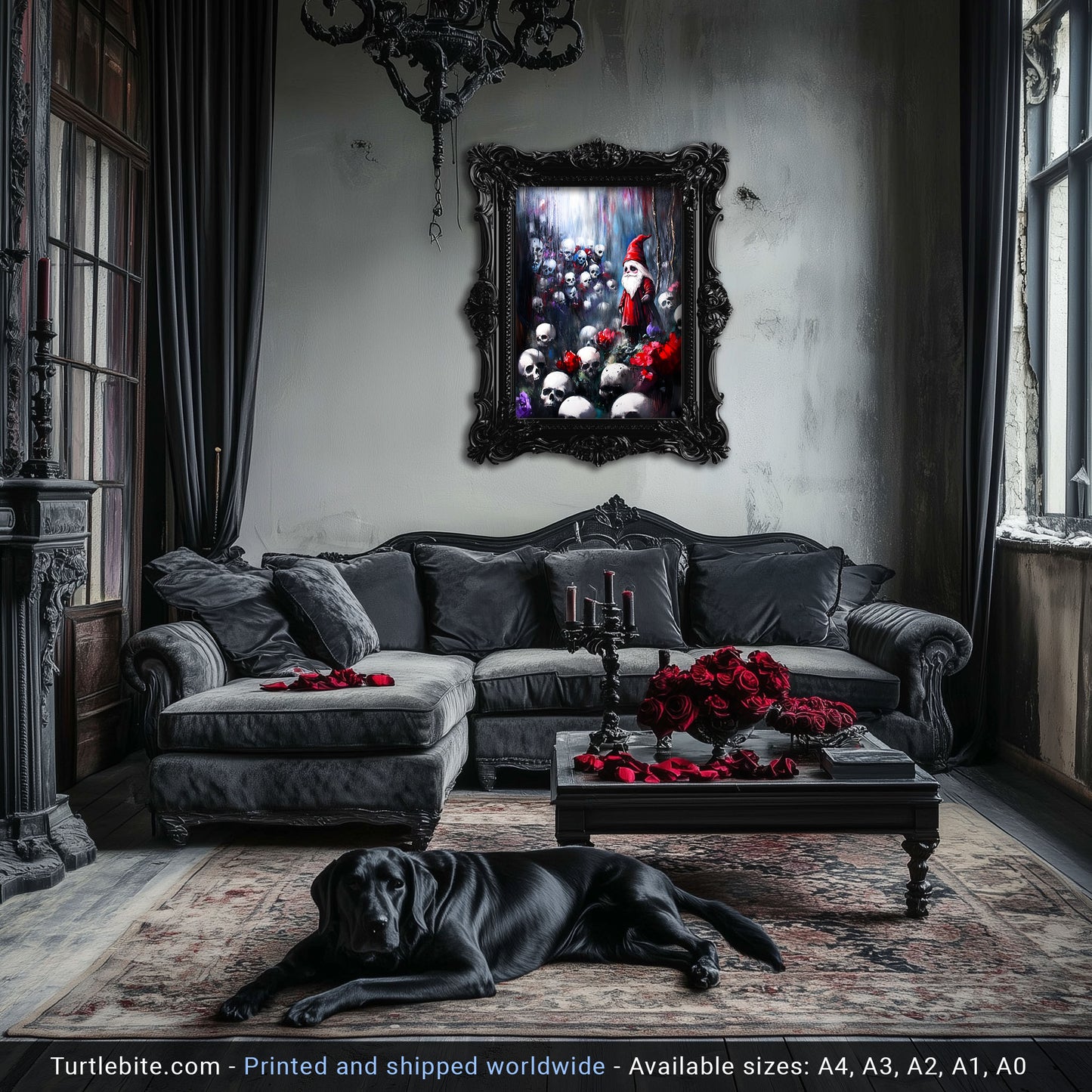 Melancholy Red Gnome in Skull Forest - Dark Fantasy Gothic Art Print