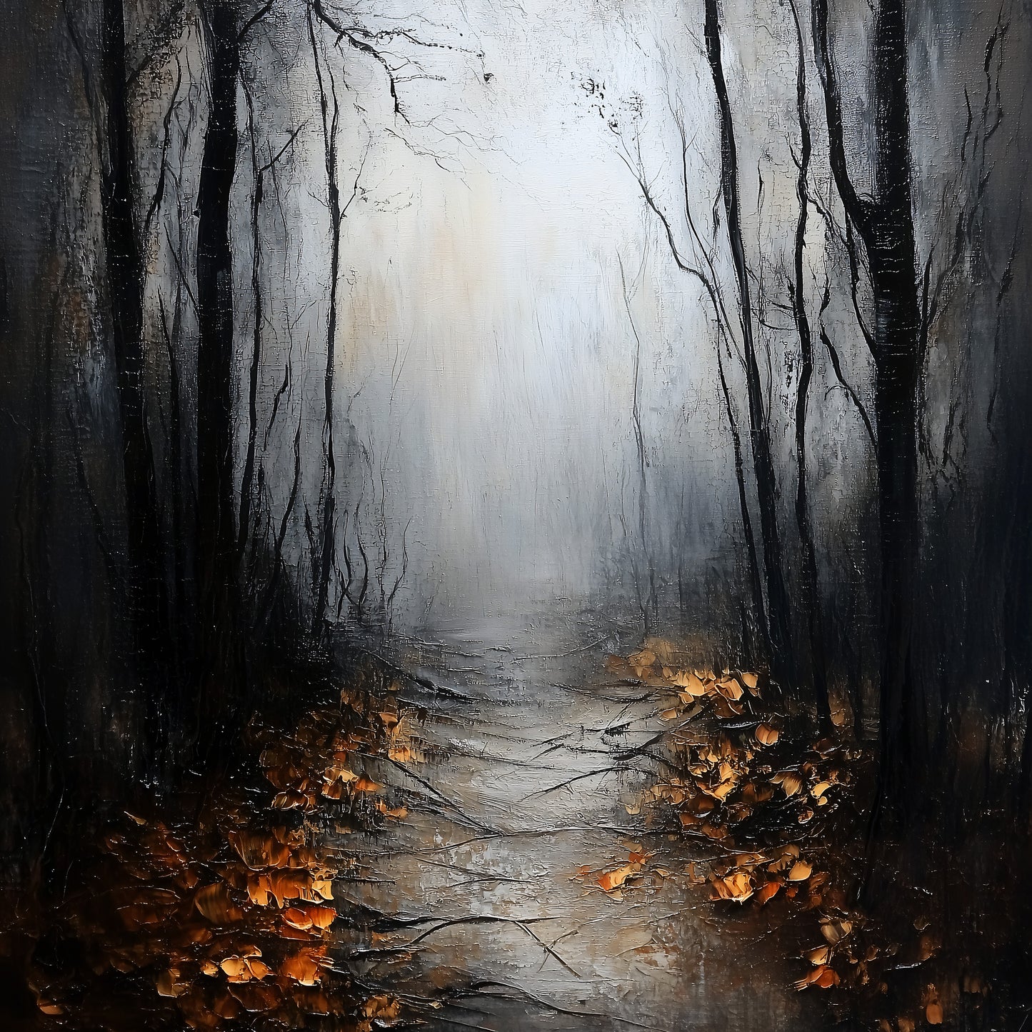 Moody and ethereal painting of a path leading into a misty forest, with dark, bare trees and contrasting bright autumn leaves.