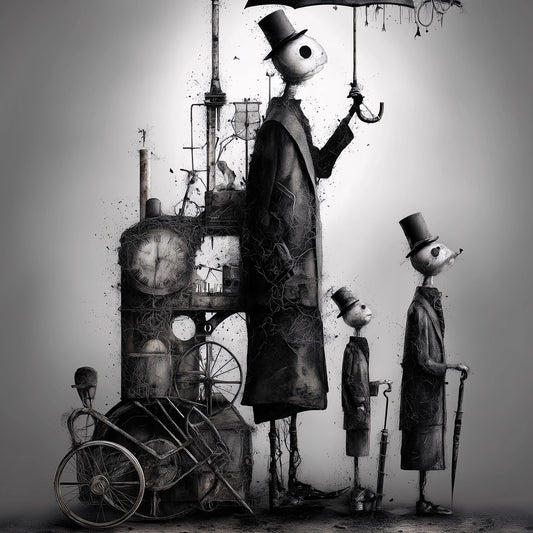 Dark Art Print: 'Waiting for the Rain' - Surreal Steampunk Figures, Gothic Monochrome Wall Art, Eerie Whimsical Illustration Poster