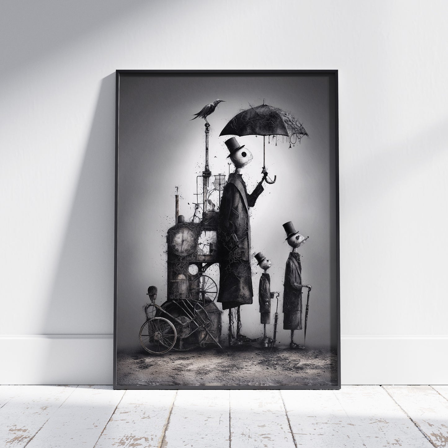 Dark art print 'Waiting for the Rain': surreal figures in top hats, steampunk machine, tattered umbrella, perched bird. Monochromatic, gothic style.