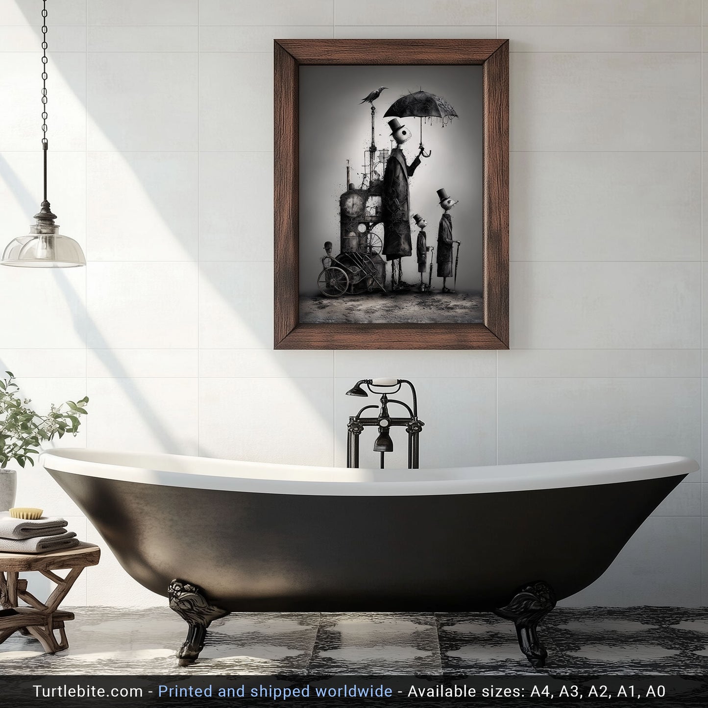 Dark Art Print: 'Waiting for the Rain' - Surreal Steampunk Figures, Gothic Monochrome Wall Art, Eerie Whimsical Illustration Poster