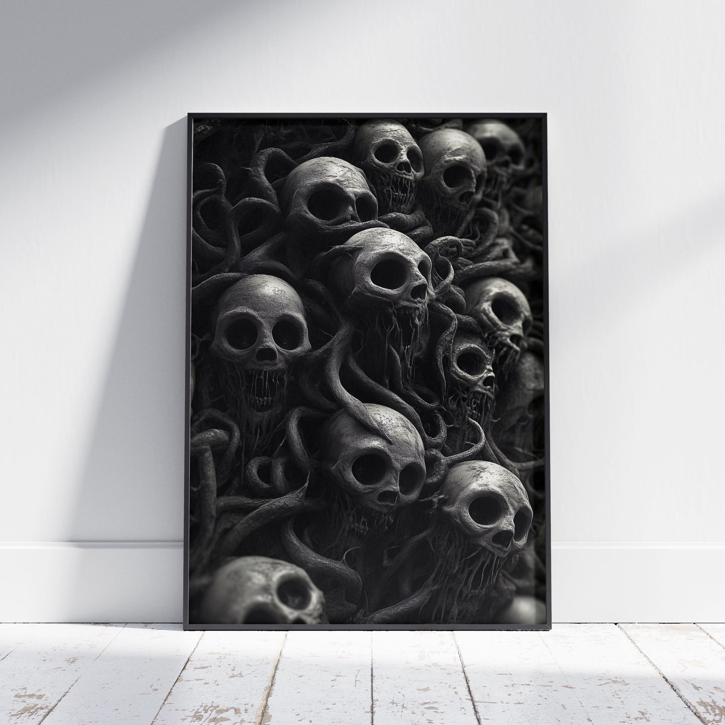Highly detailed gothic skull wall art featuring twisted, dark sinews entwined around hollow-eyed skulls in a surreal horror aesthetic.