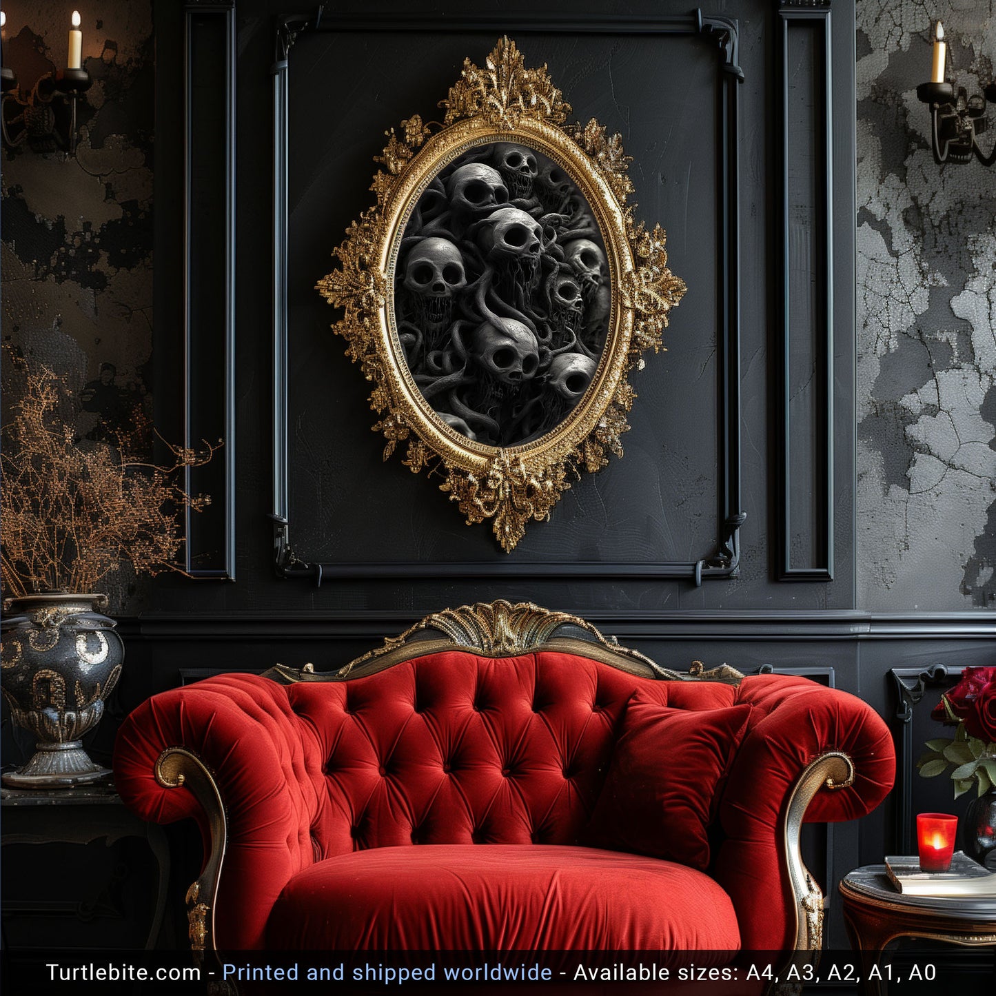 Skull Wall Art – Twisted Gothic Horror Print Featuring Surreal Skulls and Tentacles, Macabre Decor for Dark Art Enthusiasts
