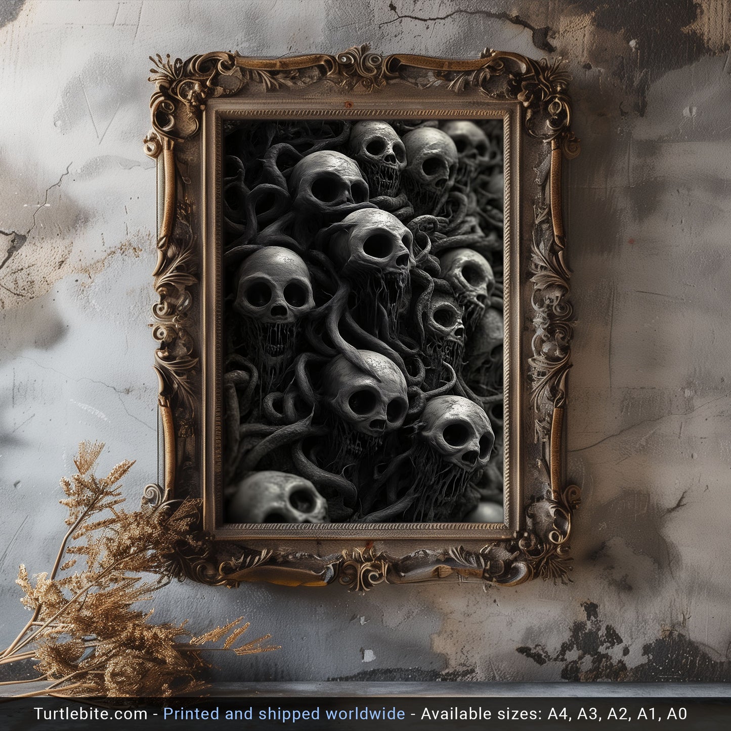 Skull Wall Art – Twisted Gothic Horror Print Featuring Surreal Skulls and Tentacles, Macabre Decor for Dark Art Enthusiasts