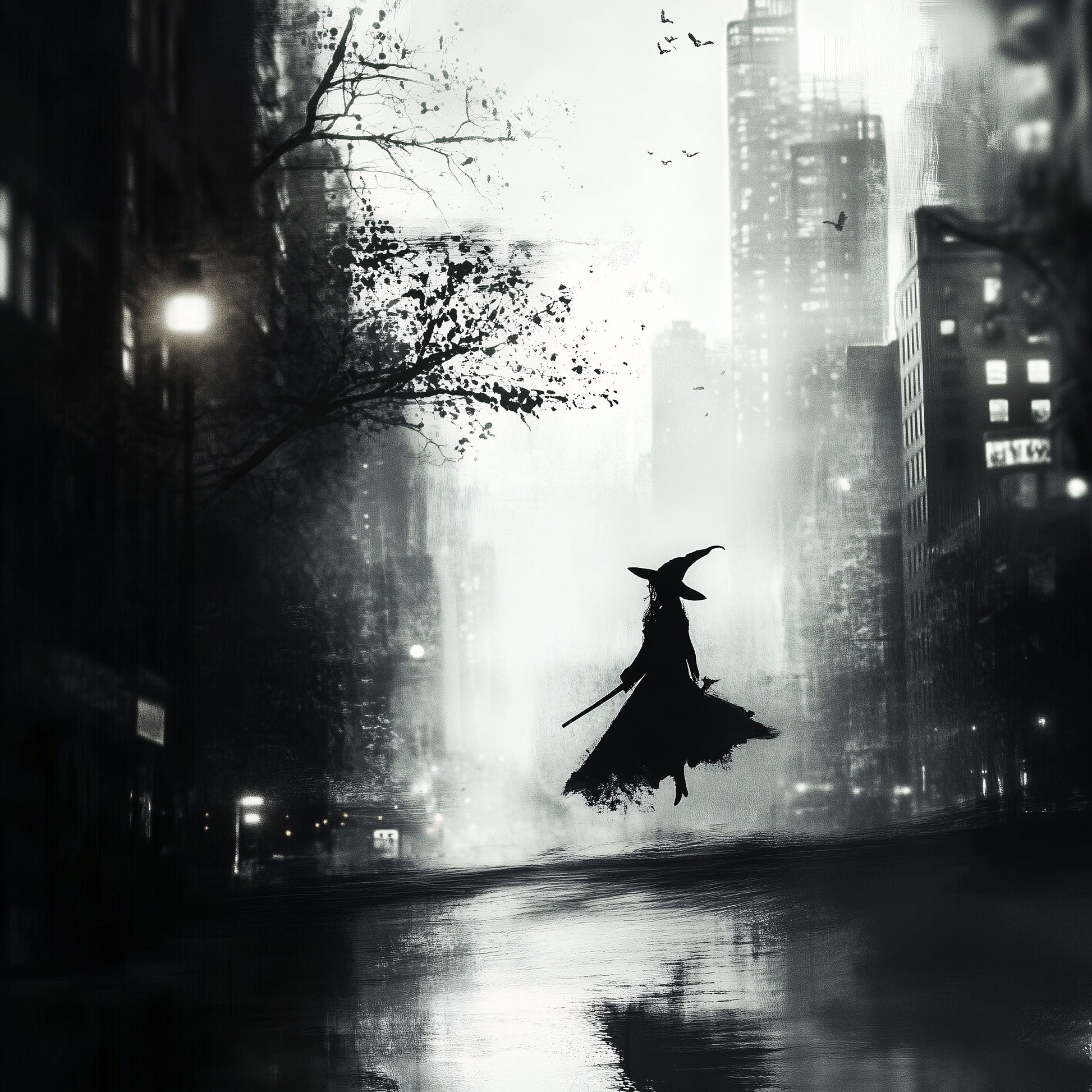 A moody, black and white digital painting of a witch's silhouette levitating in the middle of a rainy, modern city street. The witch wears a pointed hat and holds a staff, her reflection visible on the wet pavement below. Towering skyscrapers loom in the background under a hazy sky.